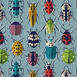 Small scale // These don't bug me // duck egg blue background green yellow neon red orange pink blue and black and ivory retro paper cut beetles and insects