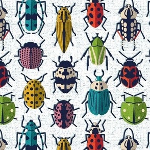 Small scale // These don't bug me // white background green yellow neon red orange pink blue and black and ivory retro paper cut beetles and insects