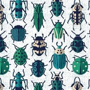 Small scale // These don't bug me // white background green and teal retro paper cut beetles and insects