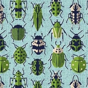 Small scale // These don't bug me // mint background green retro paper cut beetles and insects