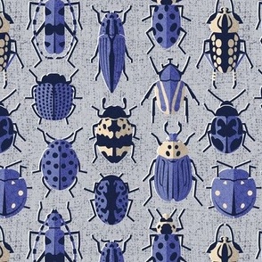 Small scale // These don't bug me // light grey background electric blue retro paper cut beetles and insects