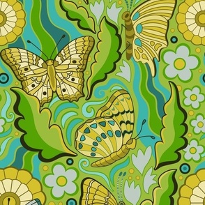 Groovy Butterflies Green 60s inspired