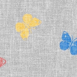 Butterflies, 80s Colors (xl scale) | Hand block printed butterflies in eighties primary colors, block print butterfly fabric in red, blue, yellow and gray.