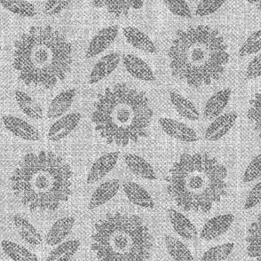 Block Printed Sunflowers in Gray (xl scale) | Hand block printed flowers and leaves, scandi retro print, leaf pattern fabric, neutral flower print, scandi flowers in gray.