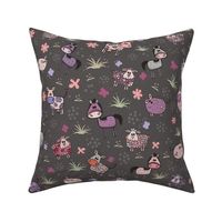 Adorable hand drawn farm animals pattern in pink and purple