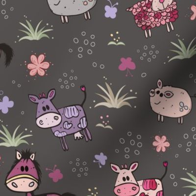 Adorable hand drawn farm animals pattern in pink and purple