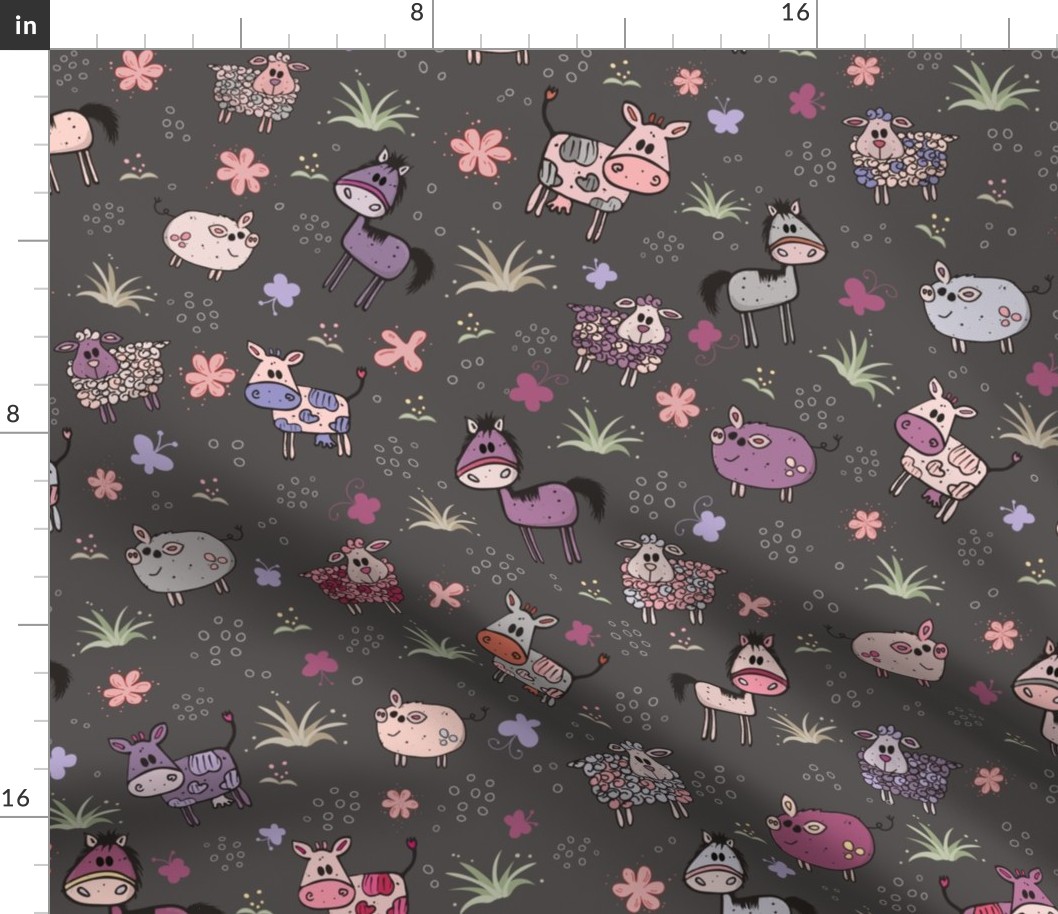 Adorable hand drawn farm animals pattern in pink and purple