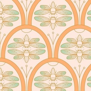 Retro Cicada Damask Pattern in Peach Orange, Mint Green, Blush and Gold, Art Deco 