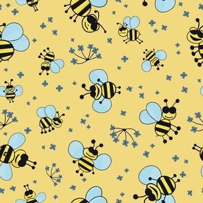 Fun bees pattern with navy blue flowers and yellow background