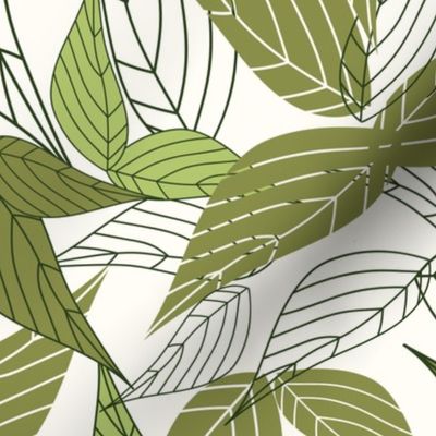 Green big leaf pattern with olive and apple green leaves in white background