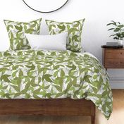 Green big leaf pattern with olive and apple green leaves in white background