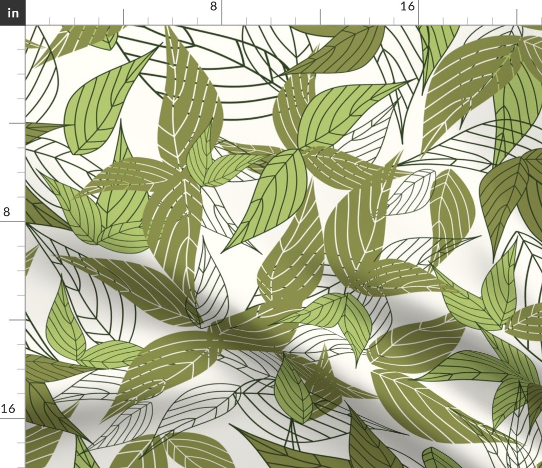 Green big leaf pattern with olive and apple green leaves in white background