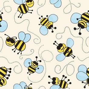 Cartoon style cute honey bees pattern on light yellow background