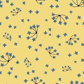 Small navy blue ditsy wildflowers on yellow background pattern