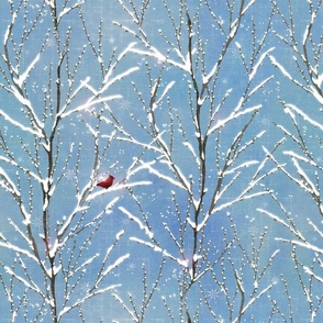 Cardinal in Winter - Snowy Trees with Snowflakes - Linen