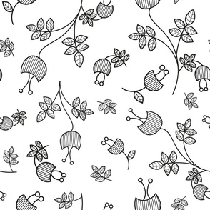 Cute black and white cartoon style hand drawn floral pattern