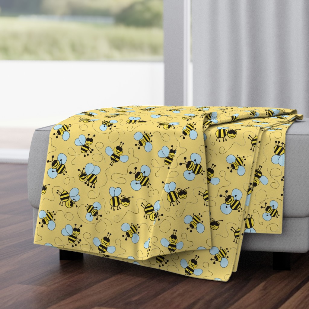 Joyful bees pattern on yellow background in cartoon style drawing