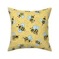 Joyful bees pattern on yellow background in cartoon style drawing