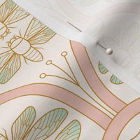 Retro Cicada Damask Pattern in Blush Pink, Mint Green and Golden Color, Art Deco Style