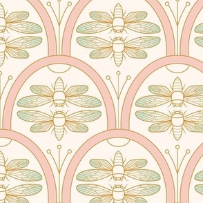 Retro Cicada Damask Pattern in Blush Pink, Mint Green and Golden Color, Art Deco Style