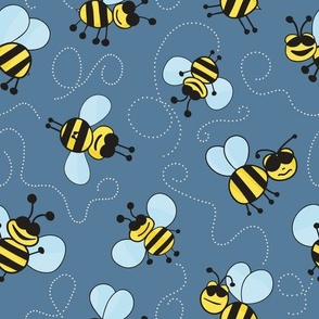 Cute hand drawn bees pattern on navy blue background