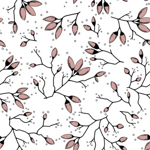 Romantic pink apple tree branches pattern with buds on white background