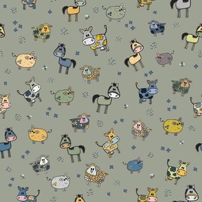 Whimsical farm animals pattern on green background