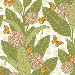 Monarch Butterflies and Milkweed 70s style - white - pink flowers - extra large scale