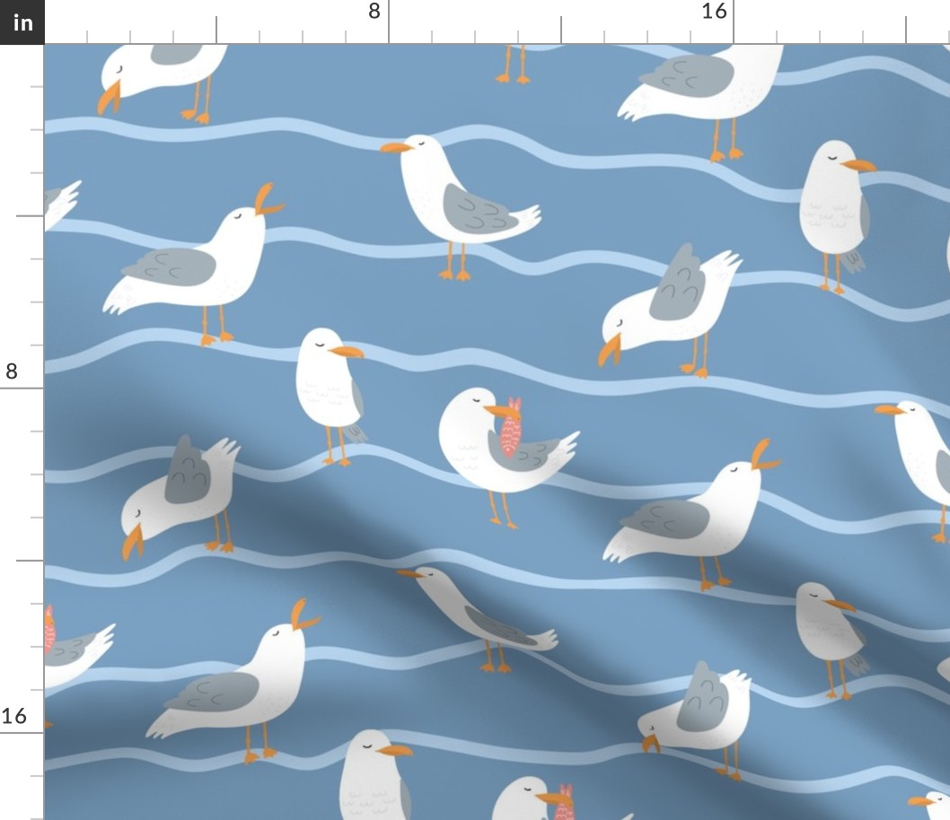 Sea Gull Beach Fabric, Summer Beach House, Summer Fabric, Beach Fabric, Blue and White, SeaGull With Wavy Stripes