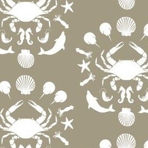 Seafood Toile - Small Scale, Taupe & White