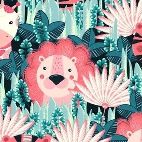 Jungle, Cute, pink stylized lion, tiger and giraffe on a green background