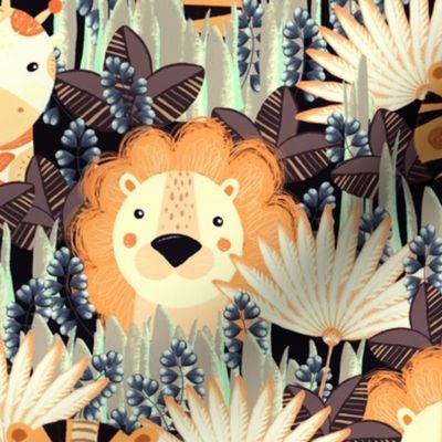 Jungle, Cute, orange stylized lion, tiger and giraffe on a gray-brown background