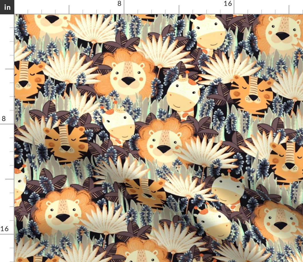 Jungle, Cute, orange stylized lion, tiger and giraffe on a gray-brown background