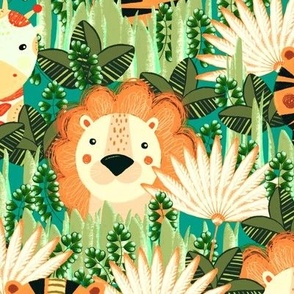 Jungle, Cute, orange stylized lion, tiger and giraffe on a green background