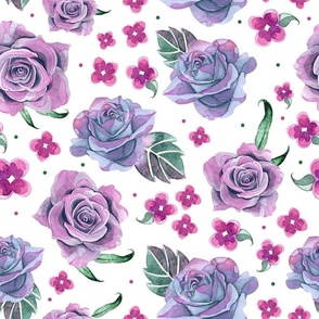 Large Scale Floral Watercolor Rose Flowers in Purple Pink Magenta 