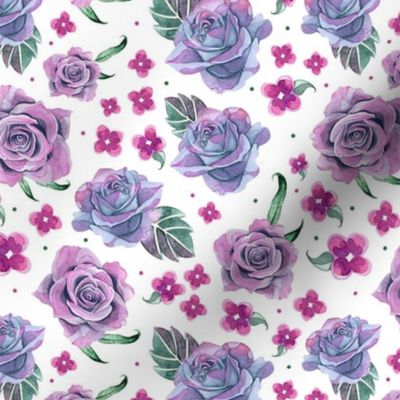 Medium Scale Floral Watercolor Rose Flowers in Purple Pink Magenta 