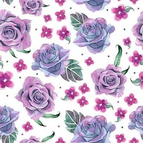 Medium Scale Floral Watercolor Rose Flowers in Purple Pink Magenta 