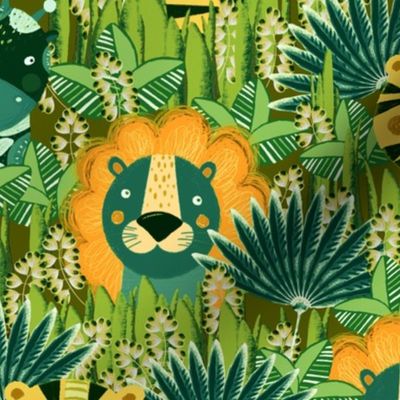 Jungle, Cute, orange stylized lion, tiger and giraffe on a green-turquoise background