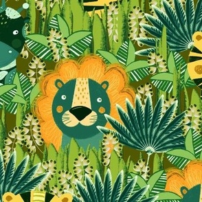 Jungle, Cute, orange stylized lion, tiger and giraffe on a green-turquoise background