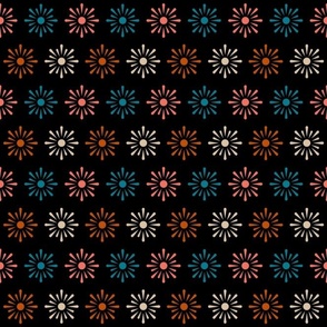 Smaller Scale Starburst Sun Star Flowers Southwestern Style Aztec on Black