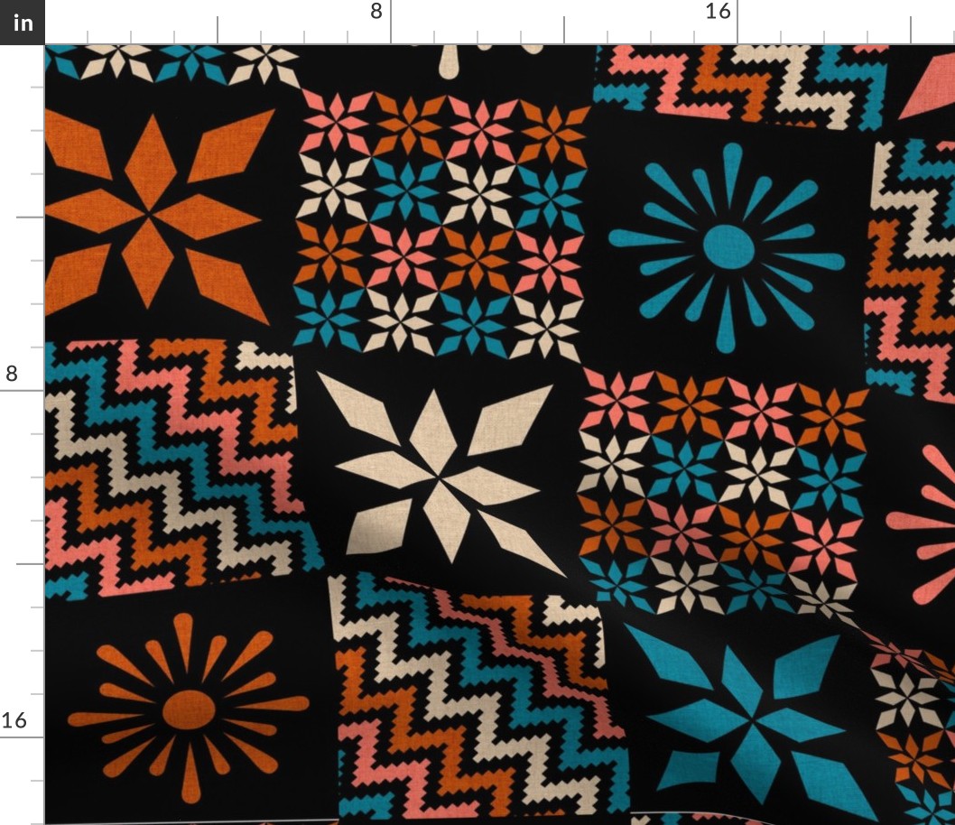 Patchwork 6" Square Cheater Quilt Starburst Sun Star Zig Zag Stripes Flowers Southwestern Style Aztec on Black