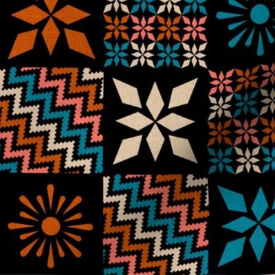 Smaller Patchwork 3" Square Cheater Quilt Starburst Sun Star Zig Zag Stripes Flowers Southwestern Style Aztec on Black