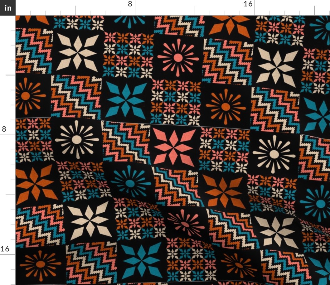 Smaller Patchwork 3" Square Cheater Quilt Starburst Sun Star Zig Zag Stripes Flowers Southwestern Style Aztec on Black