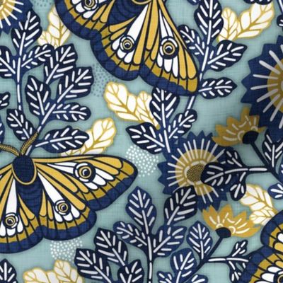 Vintage Moths Large Teal Background- Japanese Linen Kimono- Garden Vines- Navy Blue- Golden Yellow- Wallpaper- Home Decor