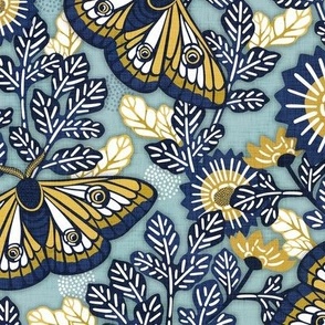 Vintage Moths Large Teal Background- Japanese Linen Kimono- Garden Vines- Navy Blue- Golden Yellow- Wallpaper- Home Decor