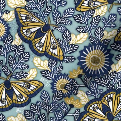 Vintage Moths MediumTeal Background- Japanese Linen Kimono- Garden Vines- Navy Blue- Golden Yellow- Home Decor