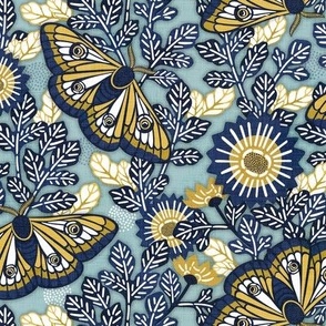 Vintage Moths MediumTeal Background- Japanese Linen Kimono- Garden Vines- Navy Blue- Golden Yellow- Home Decor