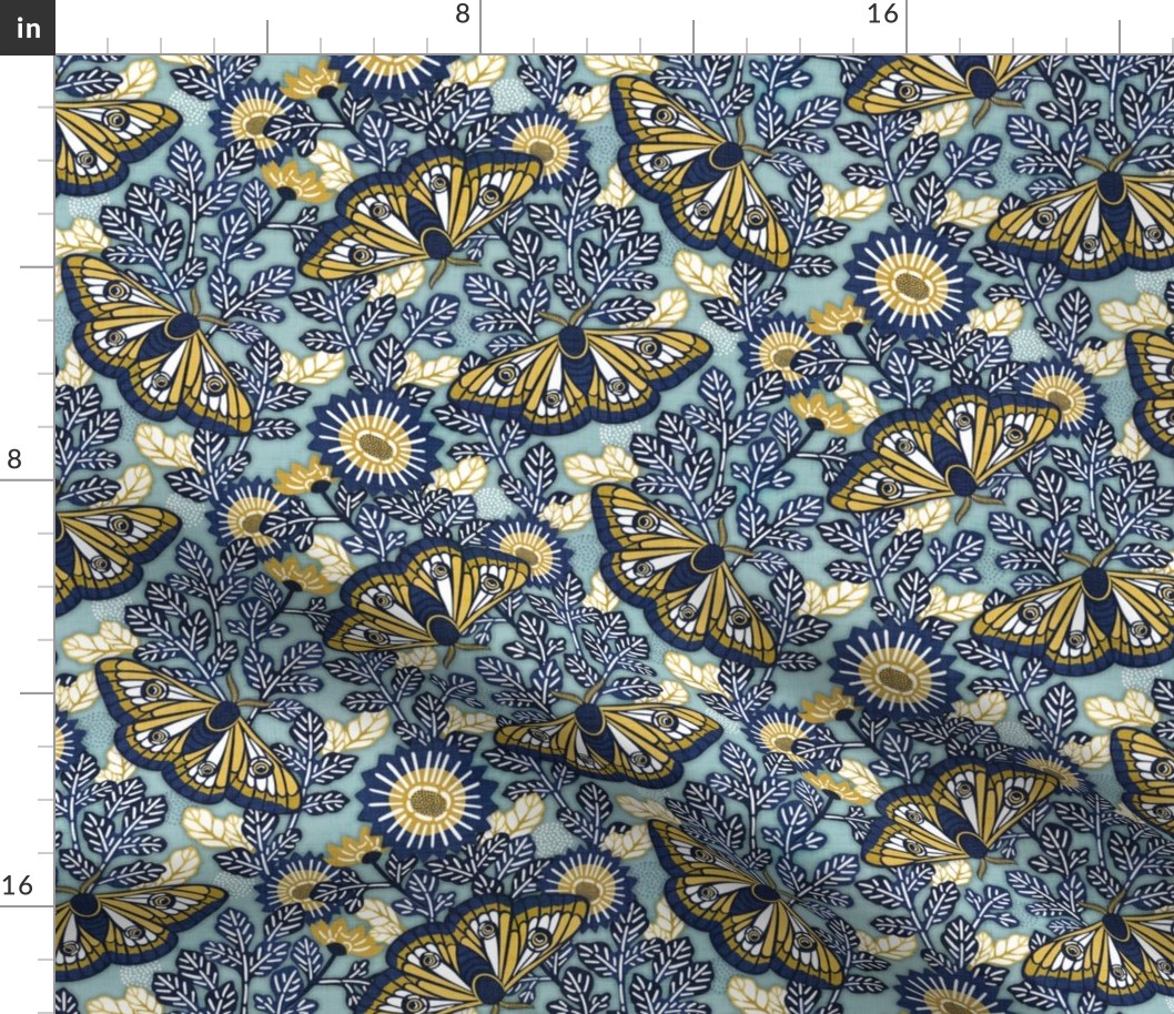 Vintage Moths MediumTeal Background- Japanese Linen Kimono- Garden Vines- Navy Blue- Golden Yellow- Home Decor