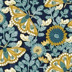 Vintage Moths Medium Navy Blue Background- Japanese Linen Kimono- Garden Vines- Teal- Golden Yellow- Home Decor
