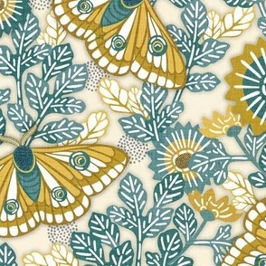 Vintage Moths Large Ivory Background- Japanese Linen Kimono- Garden Vines- Teal- Golden Yellow- Wallpaper- Home Decor